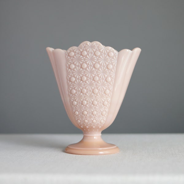 Vintage Pink Milk Glass Vase - Rose Pastel Daisy and Button Pattern Fan Vase by Fenton 1950s Blush Glass