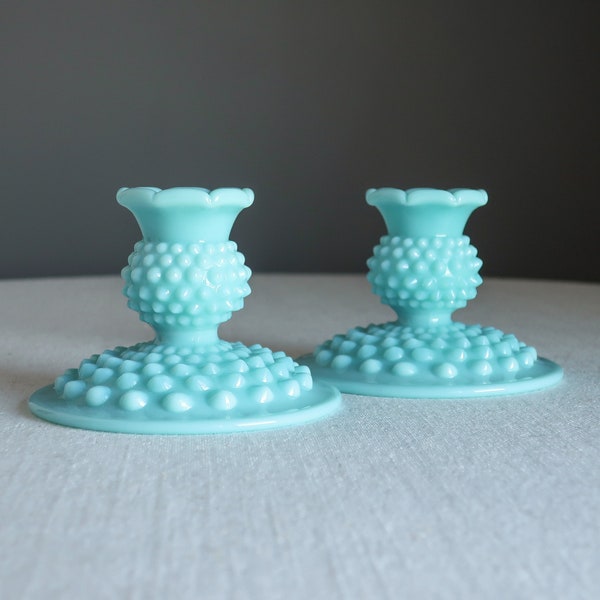 Vintage Turquoise Blue Hobnail Milk Glass Candlesticks by Fenton - Pair - 1950s