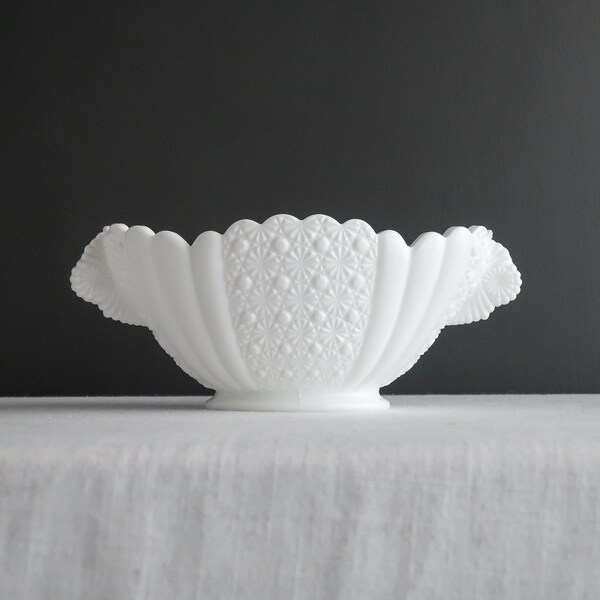 Large Oval Milk Glass Bowl, Daisy and Button Pattern by Fenton, 1950s