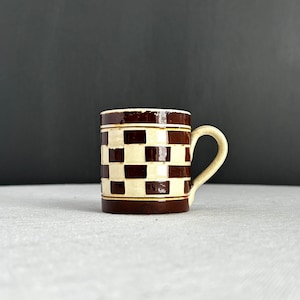 Antique Mocha Ware Checkerboard Pottery Mug - 19th Century Yellow Ware Brown Ceramic - Austria Small Cup