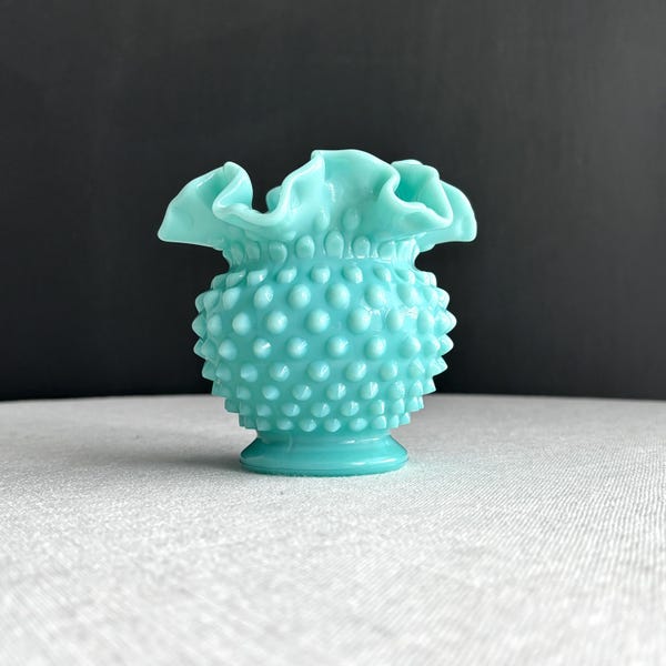 Vintage Turquoise Pastel Hobnail Milk Glass Vase by Fenton - Blue Medium American Vase 1950s - Aqua Blue Green