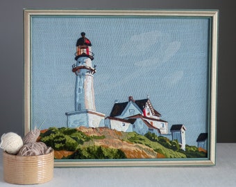 Vintage Needlework Picture - Edward Hopper Lighthouse at Two Lights Metropolitan Museum - 1970s Crewelwork Landscape Fine Art Wall Hanging