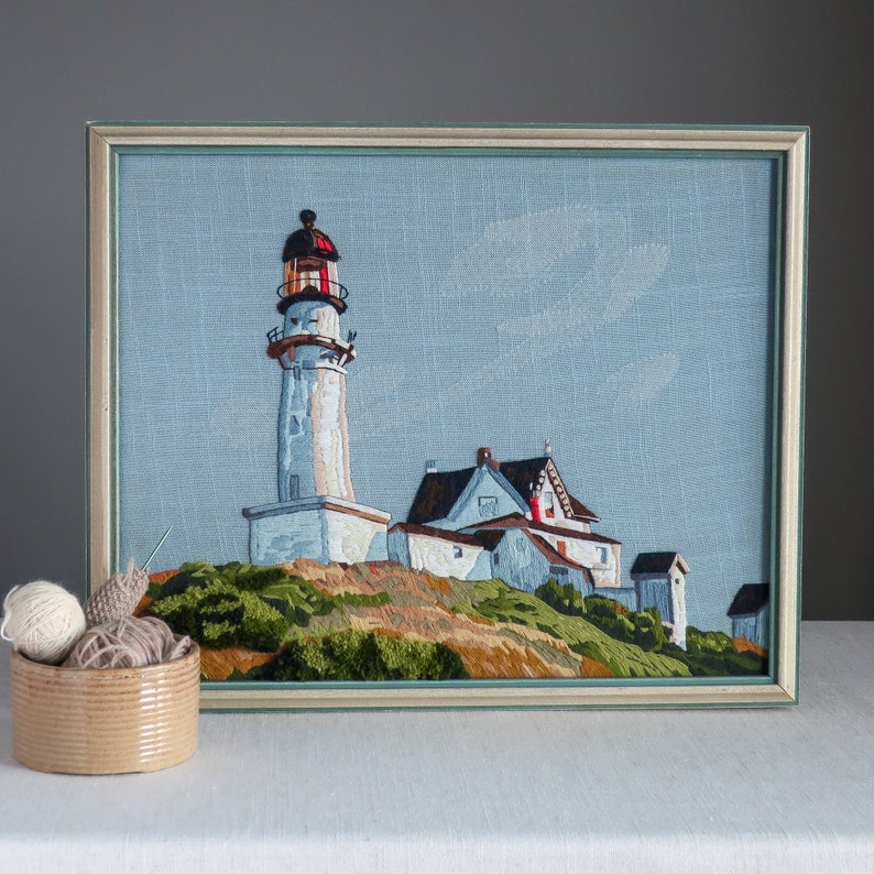 Vintage Needlework Picture Edward Hopper Lighthouse at Two Lights Metropolitan Museum 1970s Crewelwork Landscape Fine Art Wall Hanging image 1