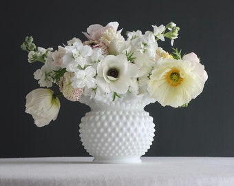 Fenton Hobnail Milk Glass Vase -- Early Large and Round 1950s - White Wedding Decor