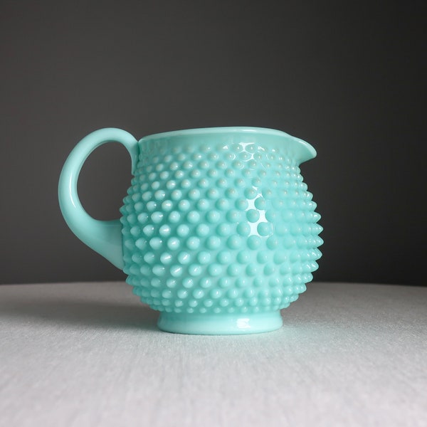Vintage Fenton Turquoise Blue Hobnail Milk Glass Jug Pitcher, 1950s Pastel Aqua
