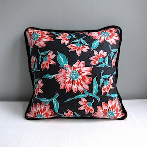 Vintage Fabric Pillow Cover Black Pink Turquoise Floral Cotton 20 Inch Decorative Pillow Throw Pillow image 1