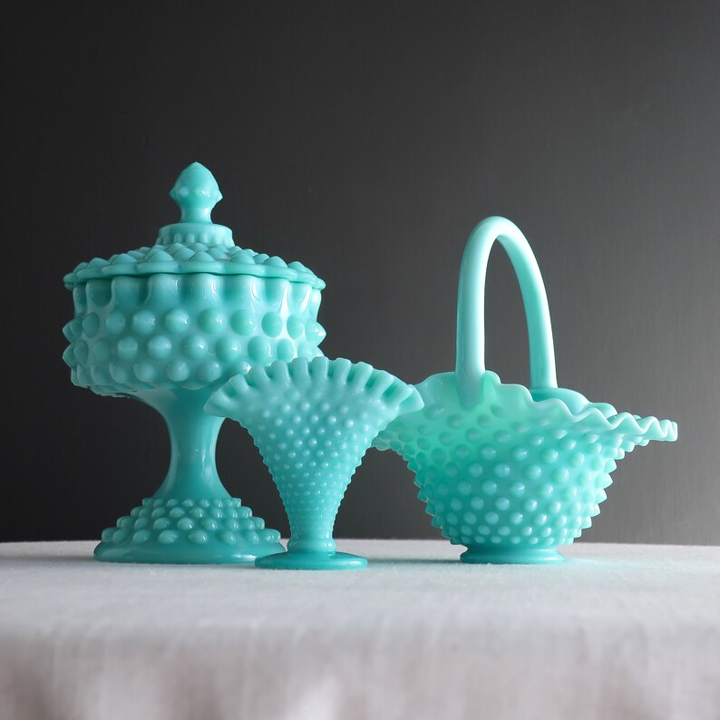 Turquoise Blue Hobnail Milk Glass Candy Dish by Fenton