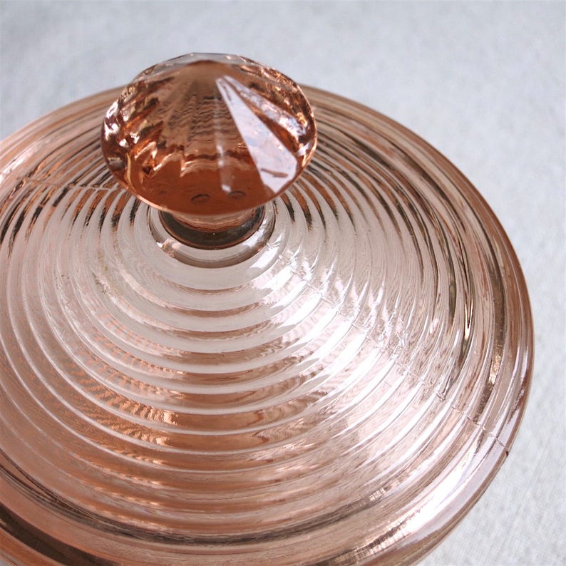 Vintage Pink Depression Glass Covered Candy Jar Indiana Glass Old English Pattern Blush Rose Peach Pastel Footed Dish Ribbed Lid image 2