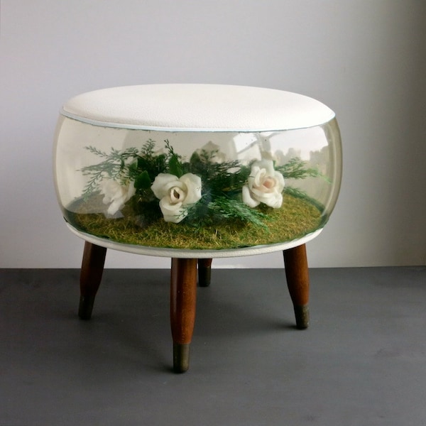 Vintage Inflatable Terrarium Foot Stool Ottoman with White Faux Flowers, circa 1970 Kitsch Decor Plastic