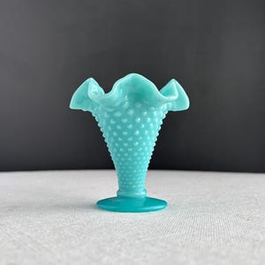 Fenton Blue Opalescent Hobnail Glass Trumpet Vase -- Medium