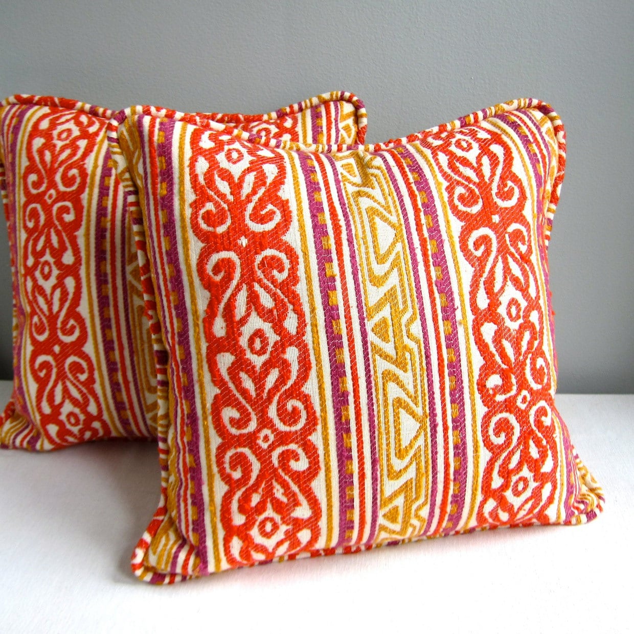 Vintage Fabric Pillow Cover Funky Orange Silk Stripe 1960s Etsy