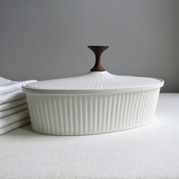 Ernest Sohn Covered Serving Dish - White Ceramic and Teak Vegetable Casserole Entertaining