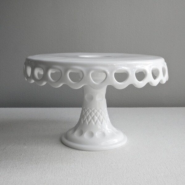 Vintage Milk Glass Cake Stand with Lacy Edge Open Rim Border