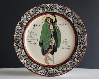 Royal Doulton Proverbs Plate - Will H Bradley You Can't Teach an Old Dog New Tricks - Transferware Art Nouveau 1911 - Never Too Old  10 Inch