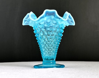 Fenton Blue Opalescent Hobnail Glass Trumpet Vase -- Medium