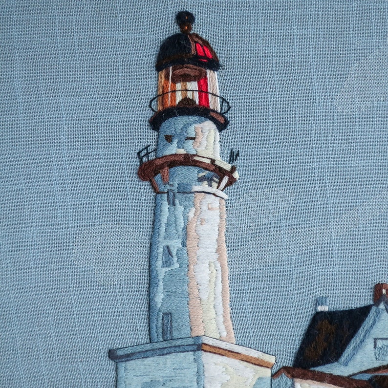 Vintage Needlework Picture Edward Hopper Lighthouse at Two Lights Metropolitan Museum 1970s Crewelwork Landscape Fine Art Wall Hanging image 4