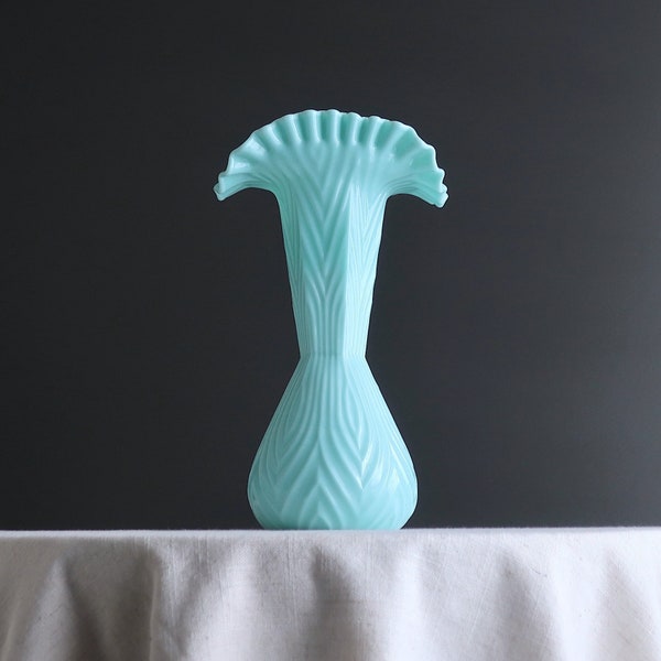 Vintage Large Turquoise Blue Pastel Ribbed Milk Glass Vase by Fenton - Tall 11 Inches High - Fan Shape