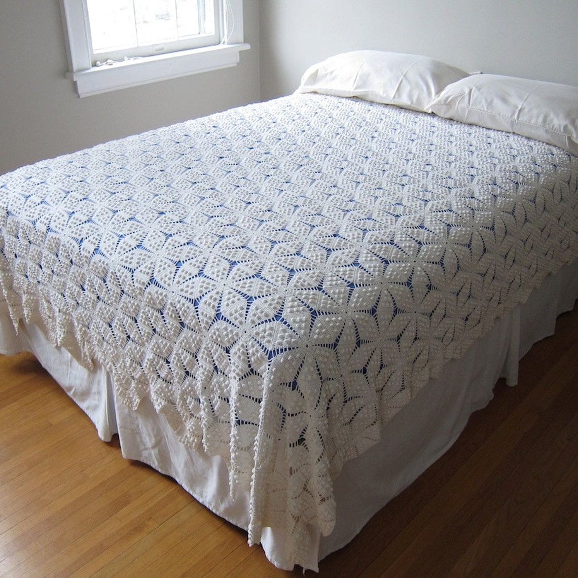 Vintage Crocheted Bedspread White Cotton Bedding Star Etsy