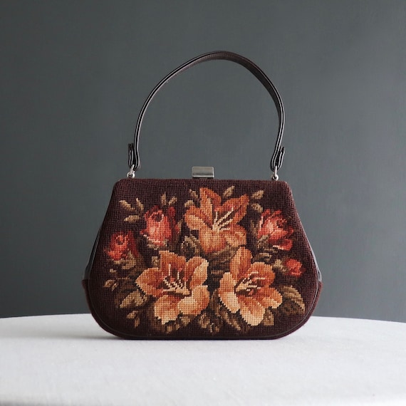 Vintage Needlepoint Handbag - Brown Orange Floral