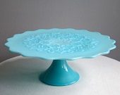 Turquoise Blue Milk Glass Pedestal Cake Stand -- Spanish Lace by Fenton Pastel Vintage Wedding 1950s