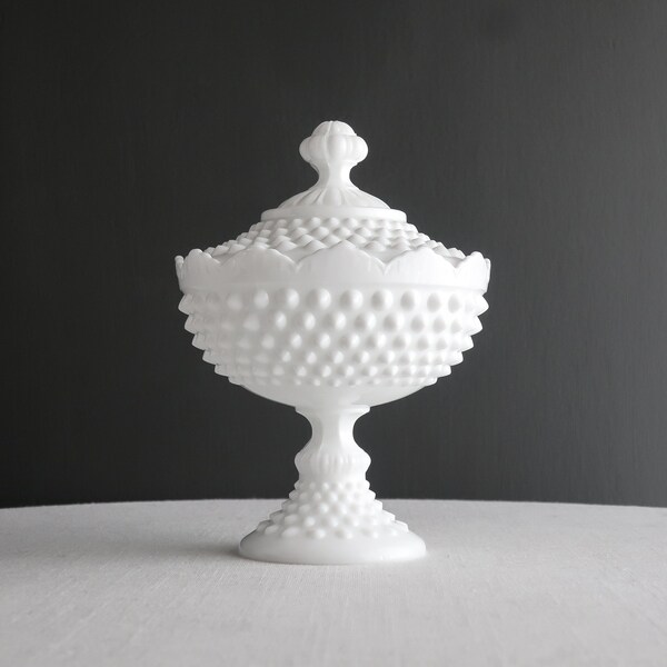 Vintage Hobnail Milk Glass Footed Candy Dish by Fenton White - Crown Top Covered Dish - Footed Bowl with Lid
