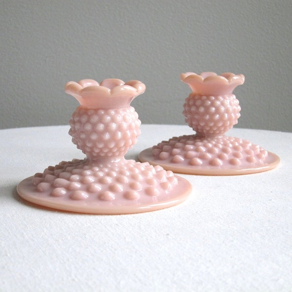 Pink Hobnail Milk Glass Candlesticks by Fenton - Pair - 1950s Rose Pastel