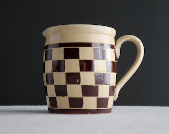 Antique Mocha Ware Checkerboard Pottery Pitcher - 19th Century Yellowware Brown Ceramic Creamer - Austria Large Jug