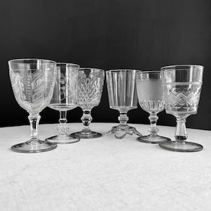 Six Antique Pressed Glass Wine Goblets -- EAPG Circa 1900 Mixed Patterns - Antique Stemware Water Glasses - Instant Collection