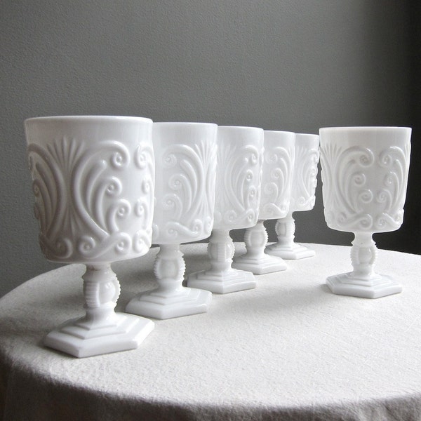 Set of Six Milk Glass Goblets by Imperial, Scroll Pattern, circa 1960