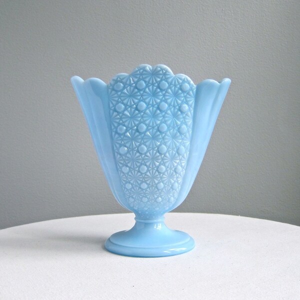 Blue Pastel Milk Glass Fan Vase, Daisy and Button Pattern by Fenton, 1950s