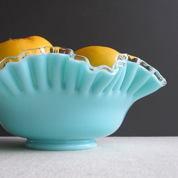 Vintage Turquoise Silver Crest Blue Milk Glass Bowl by Fenton, 1950s - Pastel Aqua Ruffled Clear Rim - American Glass