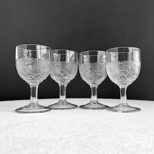 Four Antique Pressed Glass Wine Goblets -- EAPG Circa 1890 Stippled Ivy Pattern - Antique Stemware Water Glasses