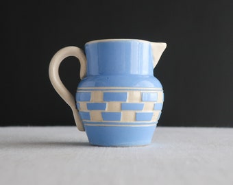 Small Antique Mocha Ware Checkerboard Pottery Pitcher - 19th Century Yellow Ware Blue Ceramic Creamer - Austria Small Ewer