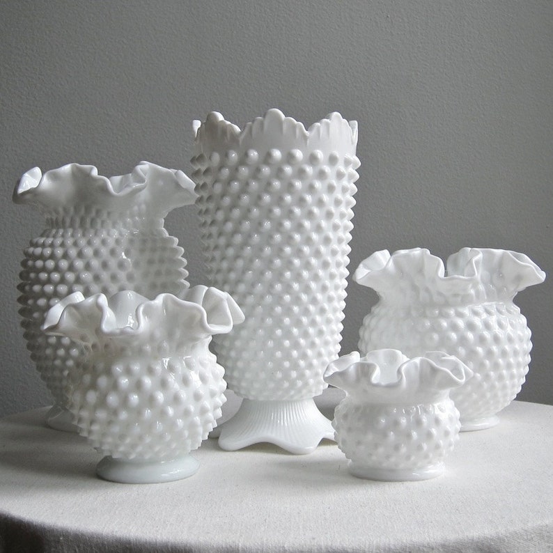 Milk Glass Vase Large Fenton Hobnail Milk Glass Footed Vase with Crown Top White Glass Vase Wedding Decor image 8