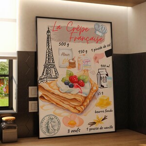 May include: A watercolor illustration of a crepe recipe with the title "La Crêpe Française". The illustration includes a drawing of the Eiffel Tower, ingredients like flour, sugar, milk, and butter, and a finished crepe with berries and whipped cream. The recipe calls for 500 grams of flour, 150 grams of sugar, 900 milliliters of milk, 25 grams of melted butter, 3 eggs, and 1 vanilla bean.