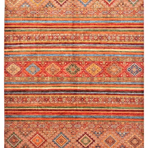 12.x8.8 ft, Handmade Afghan Khurjeen Style Wool Rug .Tribal Geometric Area Rug, Bring Ethically Sourced, Bohemian Home Décor Artisans Rugs