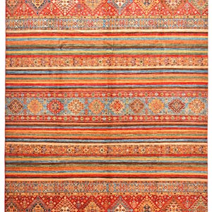 12ft x 9ft Artisans Rugs,  Handmade Afghan Khurjeen Style Wool Rug.Tribal Geometric Area Rug, Bring Ethically Sourced, Bohemian Home Décor