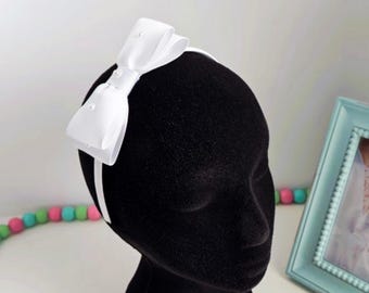White or Ivory Pearl Bow Headband, Grosgrain & Satin Ribbon, Communion Flower Girl