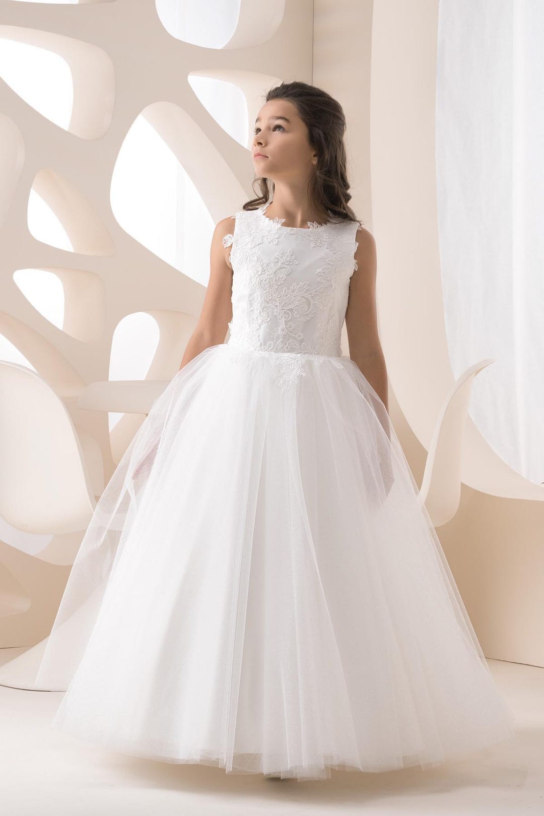 White Flower Girl / First Communion Dress: Lace Embroidery, Glitter ...