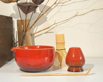 Keramik Matcha Schüssel Set mit Bambus Schneebesen, Keramik Matcha Schüssel Schneebesen Set mit Auslauf, Einzigartiges Matcha Tee Set Geschenk für Frauen Freund Teeliebhaber