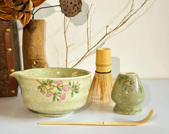 Flower Ceramic Matcha Whisk Set with Bamboo Whisk, Ceramic Matcha Bowl Set with Spout, Unique Matcha Kit Tea Set, Matcha Gift Set Gift Ideas