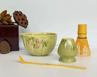 Set di ciotole per matcha in ceramica con frusta in bambù, set di ciotole per matcha in ceramica floreale con beccuccio, set da tè Matcha unico, idee regalo per set Matcha