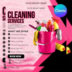 May include: Pink and black advertisement for cleaning services. The text "CLEANING SERVICES" is prominent. A pink bucket holds cleaning supplies. The ad lists services offered, including full house, garden, and office cleaning. Contact information is provided.
