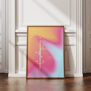 May include: A framed art print with a vibrant, abstract design. The artwork features a gradient of colors, including yellow, pink, and blue. The print has geometric shapes and text. The frame is made of wood, and the print is leaning against a white wall.