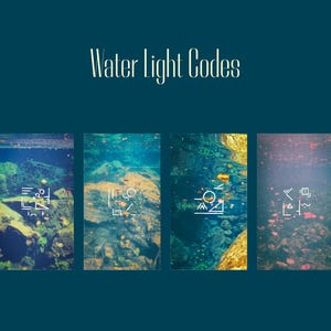 May include: A dark teal background features the text Water Light Codes in white, positioned above four vertical rectangular panels. Each panel displays an underwater scene with rocks and leaves, overlaid with a unique white geometric line art symbol.