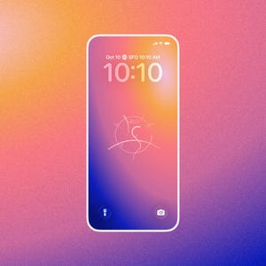 May include: A smartphone screen displays the time 10:10 AM on October 10th. The screen has a gradient background of orange, pink, and purple. A logo is in the center, and icons are at the bottom.