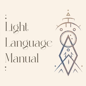 Op de afbeelding: Op een beige achtergrond staat de tekst "Light Language Manual" in een donkerbruin schreeflettertype. Aan de rechterkant van de tekst staat een geometrisch ontwerp in bruin- en blauwtinten.
