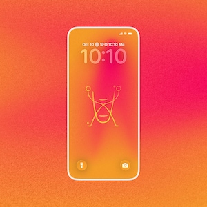Peut inclure: Écran de smartphone affichant l'heure 10h10, la date du 10 octobre et le lieu SFO. L'écran présente un fond dégradé orange et rose, un motif stylisé au centre et des icônes en bas.