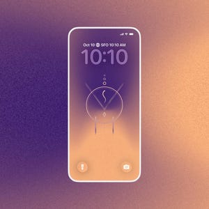 May include: A smartphone screen displays the time as 10:10 AM on October 10th, with a stylized graphic. The screen has a gradient background of purple and orange. The phone has a white border and two icons at the bottom.