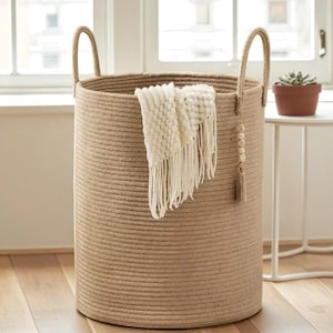 Large Cotton Rope Storage Basket – Handwoven Laundry Hamper with Handles,Foldable Organizer for Living Room, Nursery or Bedroom – 50x38cm